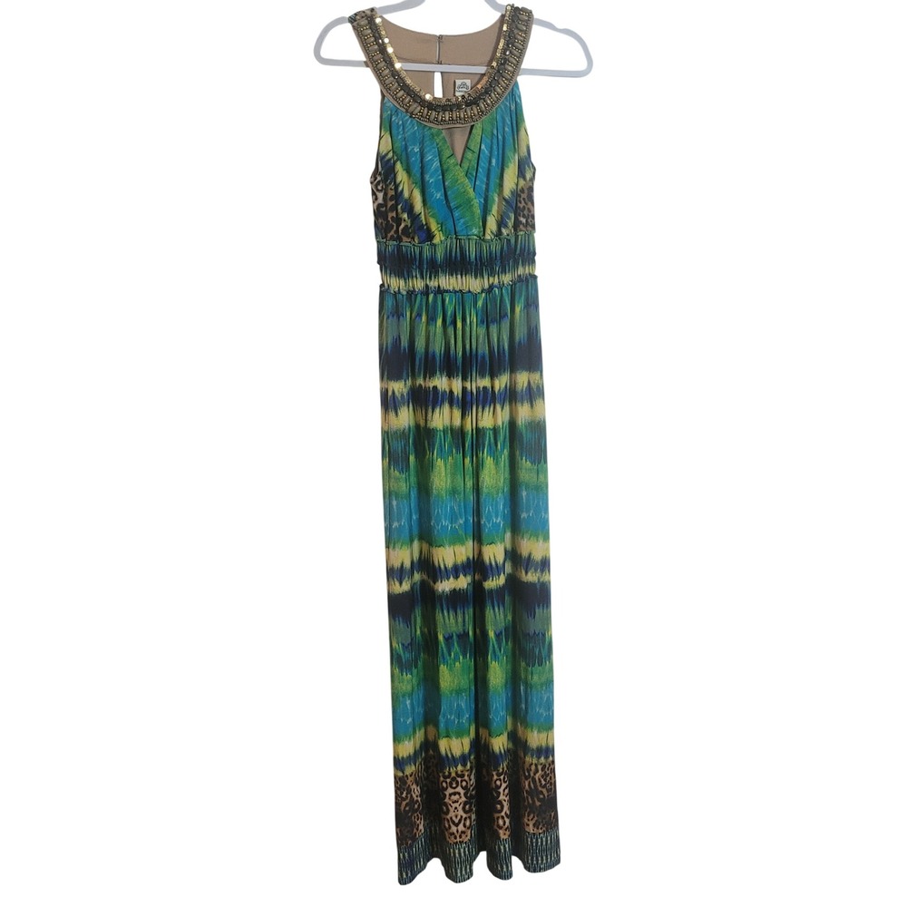 Sangria‎ Women Teal Green Ikat Leopard Embellished Neck Maxi Dress Size 8 Resort